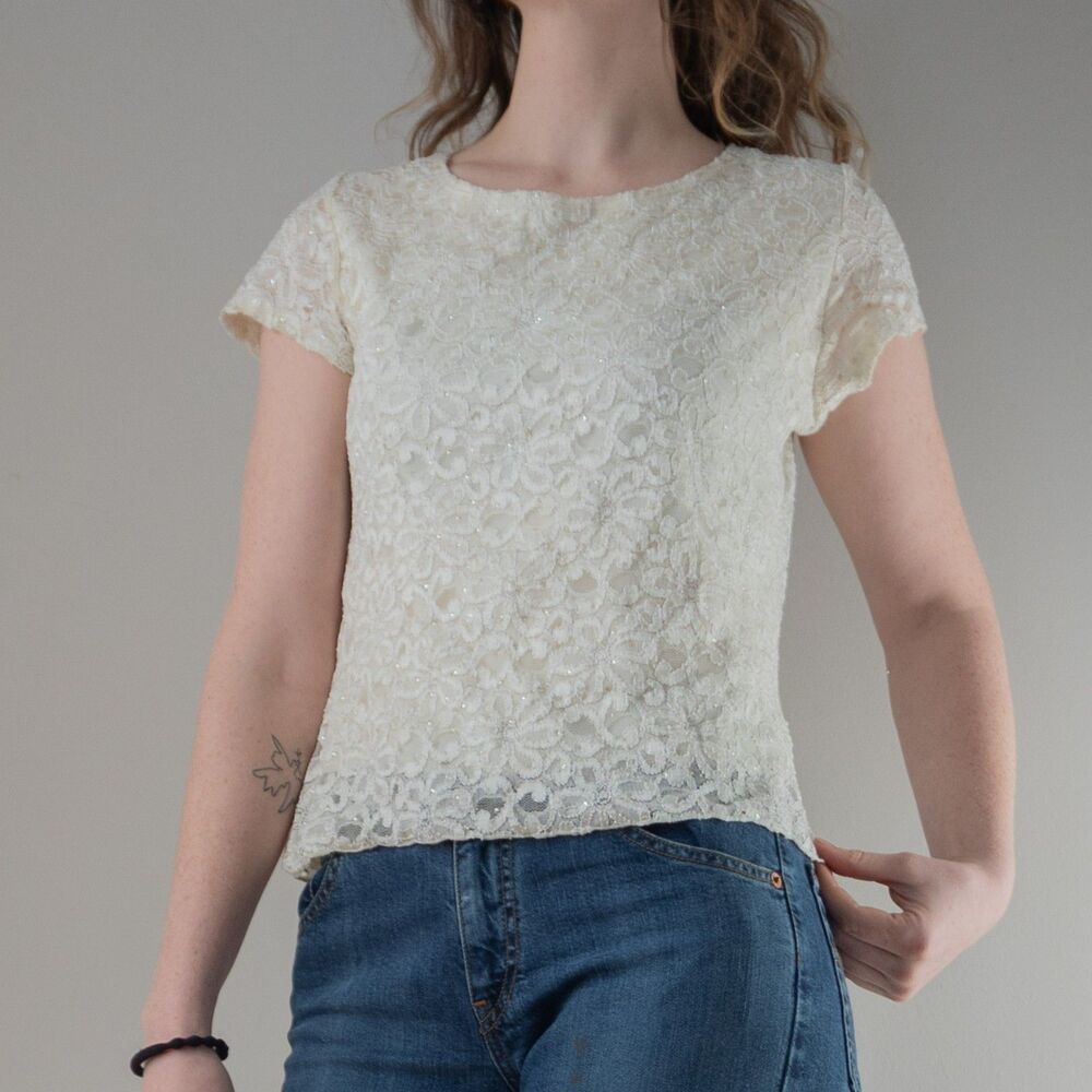 White Floral Lace Embroidered Sparkle Semi Sheer Women's Top
